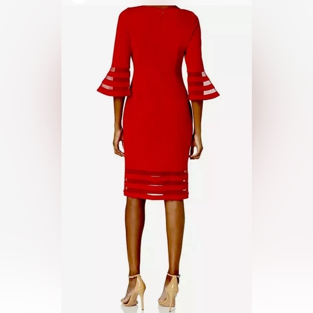 NWT Calvin Klein Mesh Illusion-trim Bell Sleeve Scuba Crepe Sheath Dress Red 18W - Picture 5 of 10